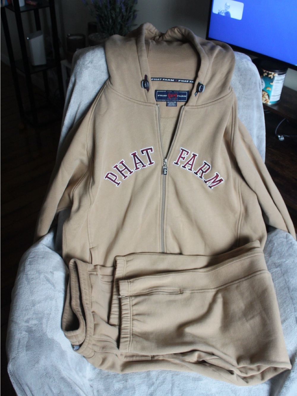 Phat Farm Tan Men's Zip Hoodie with Arched Logo and sweat pants